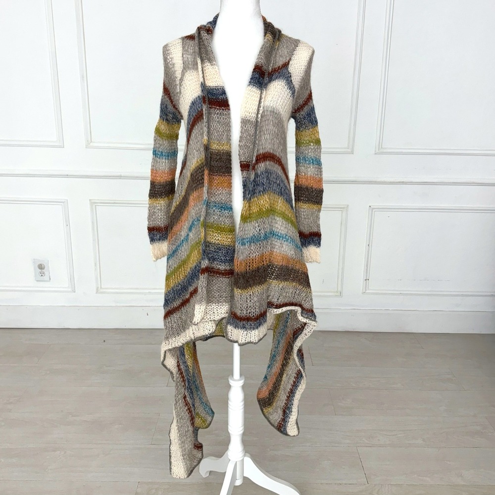 Relais Cardigan Womens Medium Multicolor Mohair Blend Striped Boho Mesh Open